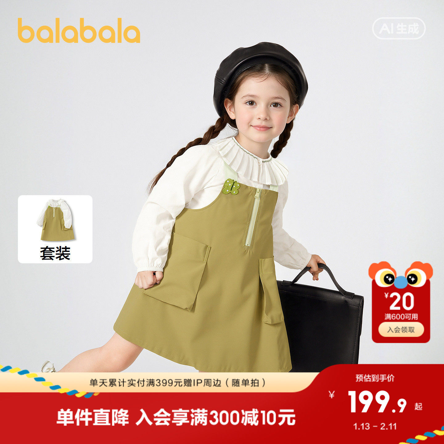 巴拉巴拉童装儿童连衣裙女童春秋装背带裙两件套口袋绣花甜美洋气