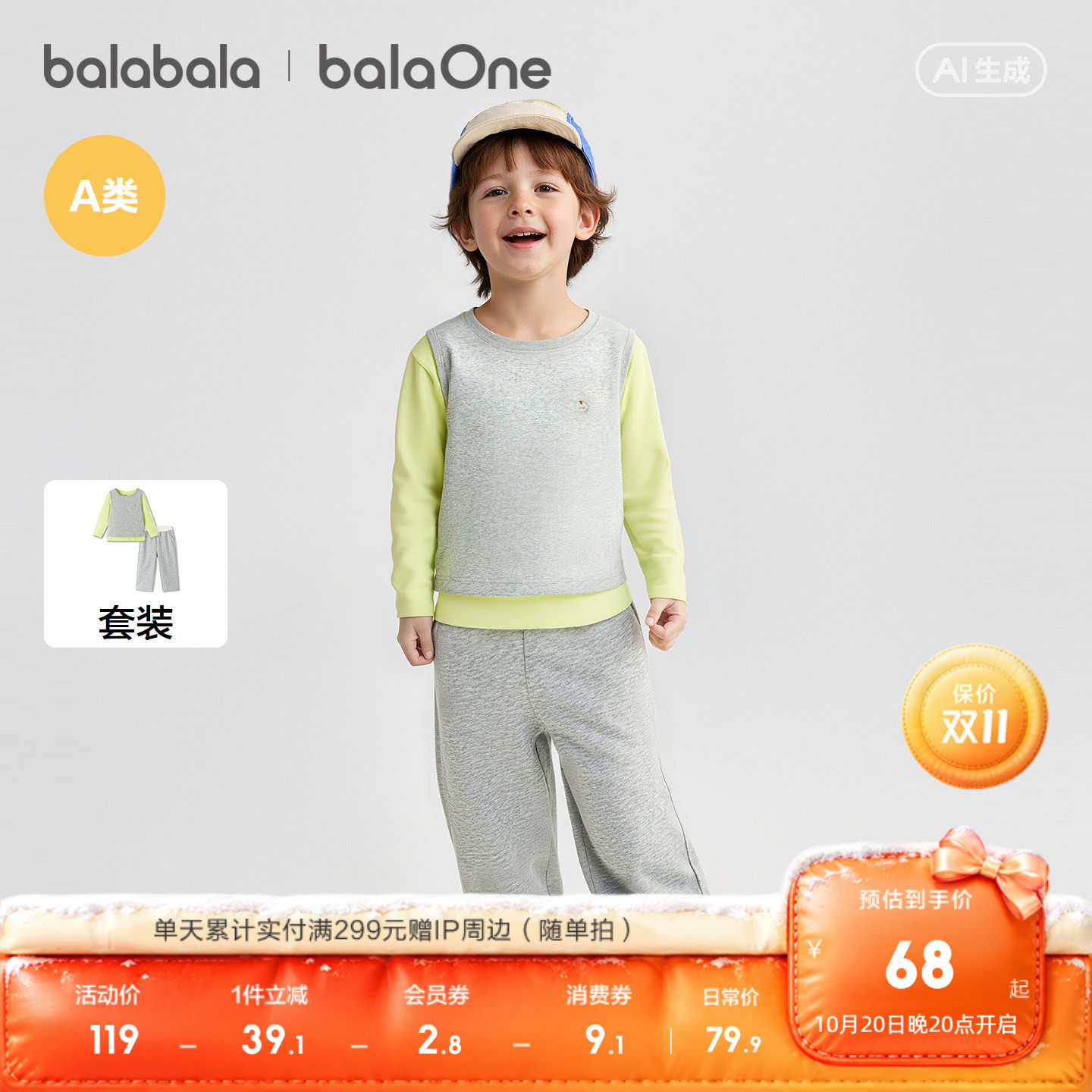 【balaOne】巴拉巴拉儿童家居服套装男童2026新款春装三件套时尚