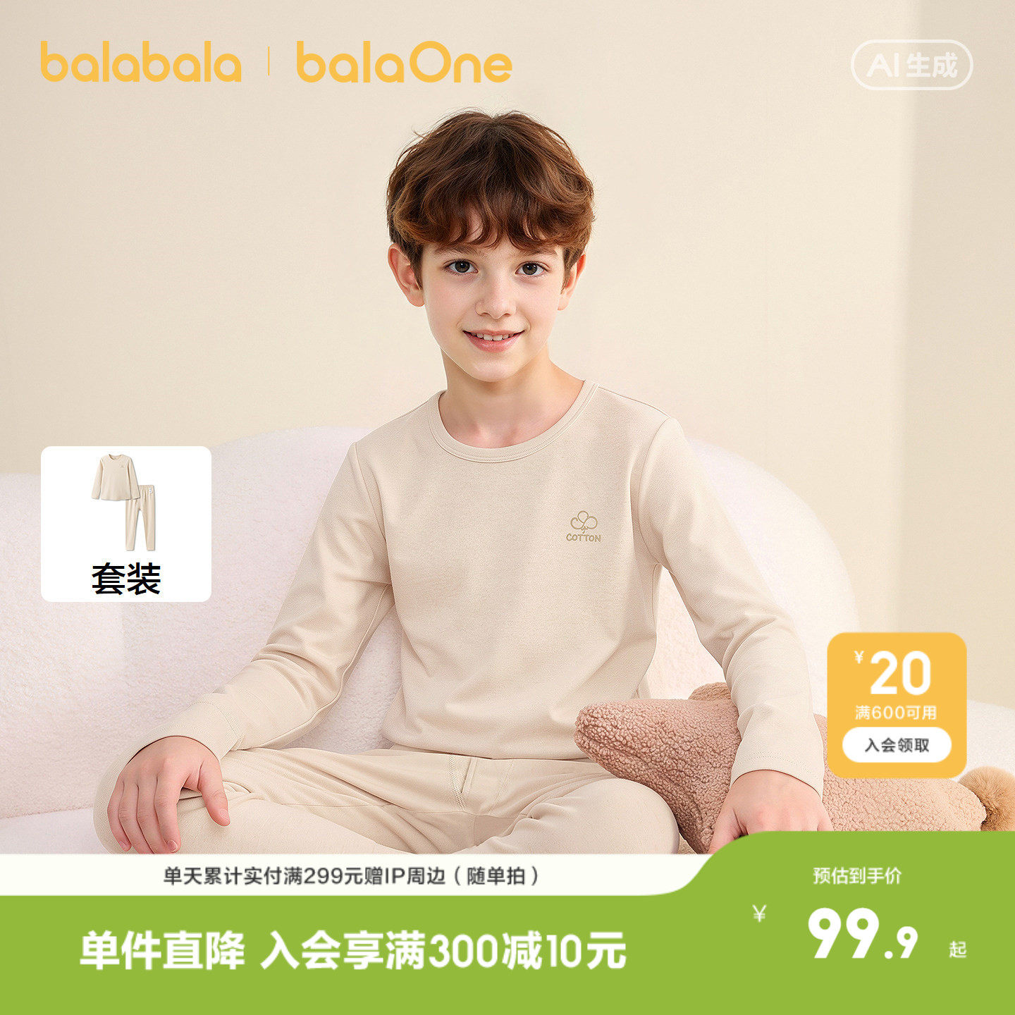 巴拉巴拉男童保暖内衣套装秋冬加厚彩棉抗菌无染色儿童秋衣秋裤棉