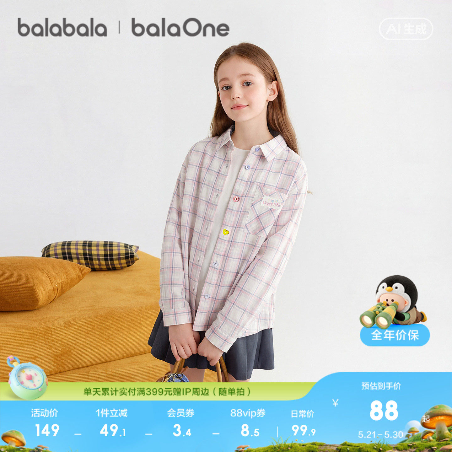 【balaOne】巴拉巴拉童装儿童长袖衬衫女童2026新款春装格