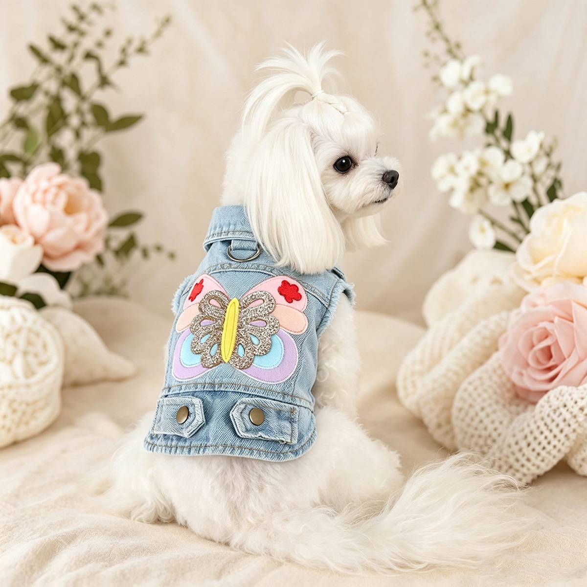 宠物蝴蝶刺绣牛仔马甲可牵引猫狗背心小型犬猫咪外出服饰现货