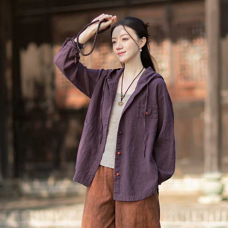 2026春季新款宽松休闲连帽撞色盘扣防嗮衬衫上衣女砂洗棉麻外套