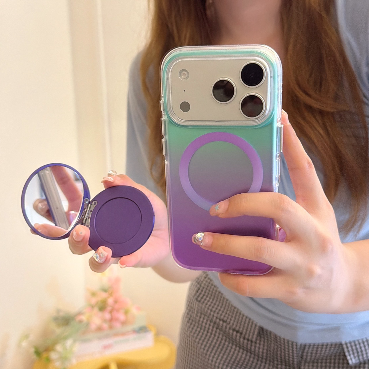 ins透银渐变4色补妆镜适用于iPhone17promax高颜值苹果16手机壳新款男女15超火13情侣14时尚磁吸保护套