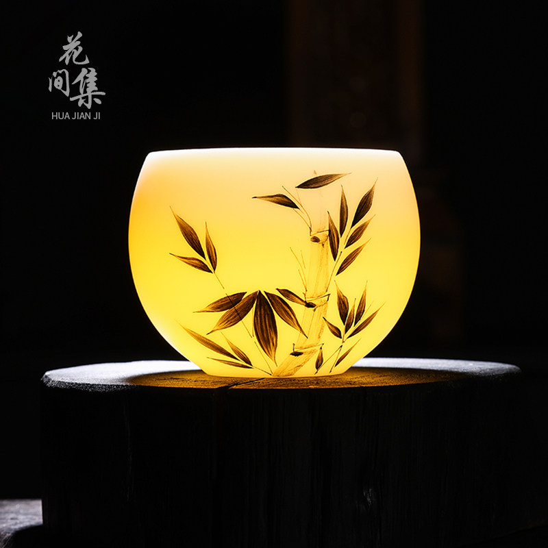花间集羊脂玉手绘主人杯单个大号高档个人陶瓷茶杯定制刻字品茗杯