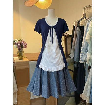 春绯日记 古早感vintage设计夏季新款短袖开衫叠穿背心半裙三件套