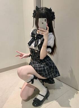 日系少女感气质小香风套装泡泡短袖衬衫假两件连衣裙短裤两件套装