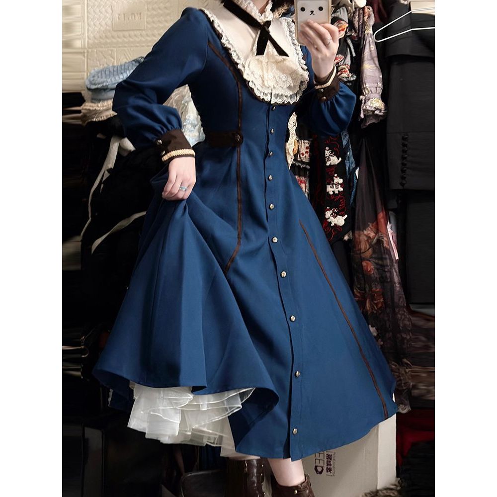 【绀蓝旧叙】Lolita复古单排扣显瘦长款优雅大小姐连衣裙lo裙