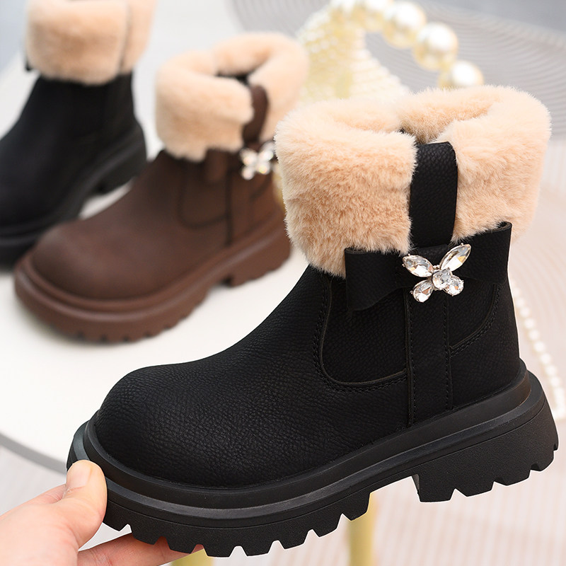 儿童皮靴女童厚底百搭加绒靴子2025秋季新款水钻保暖中大童马丁靴