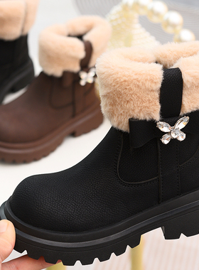 儿童皮靴女童厚底百搭加绒靴子2025冬季新款水钻保暖中大童马丁靴