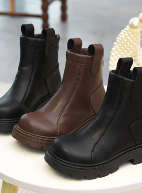 女童皮靴马丁靴女孩加绒保暖靴子2025秋冬季新款二棉时尚黑色童靴