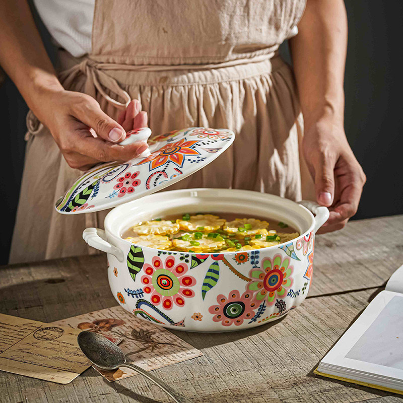 蝶恋花餐具双耳汤碗家用创意盛汤陶瓷汤盆大号带盖汤煲汤锅