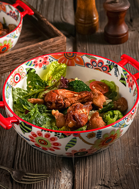 zb双耳圆形中号烤碗 微波炉烤箱 出口北欧家用汤碗陶瓷加厚