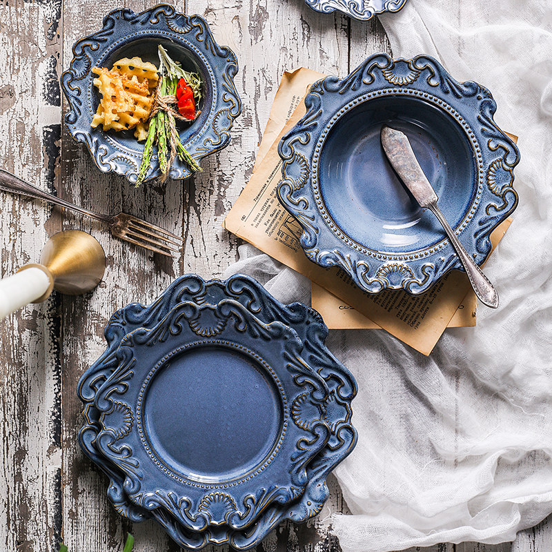 Nordic palace style antique relief ceramic tableware Western food plate