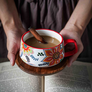 田园风陶瓷杯碟茶杯咖啡杯配木碟 北欧风矮杯木碟系列