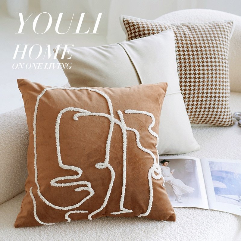 床上棕色奶油色复古北欧ins复古抱枕客厅沙发抱枕套床头靠垫含芯