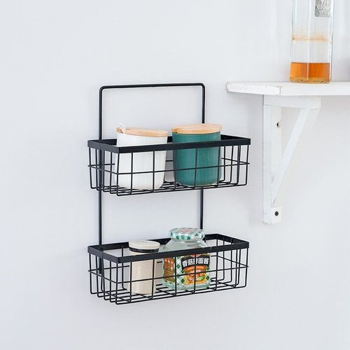 免打孔厨卫收纳架子置物架纯色墙壁收纳架挂篮双层浴室金属壁挂篮