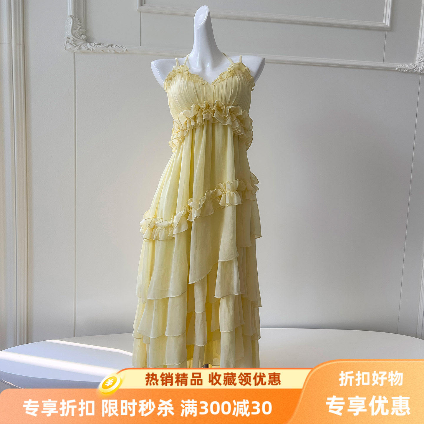 法式气质花边挂脖连衣裙浪漫不规则木耳边层叠吊带礼服长裙