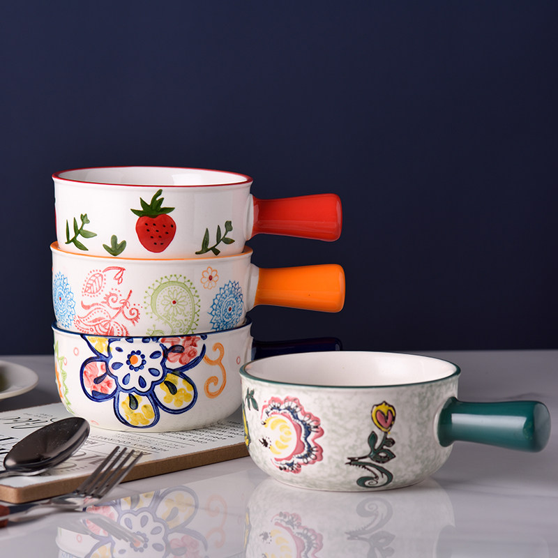 Hand painted Japanese style ceramic handle household salad bowl
