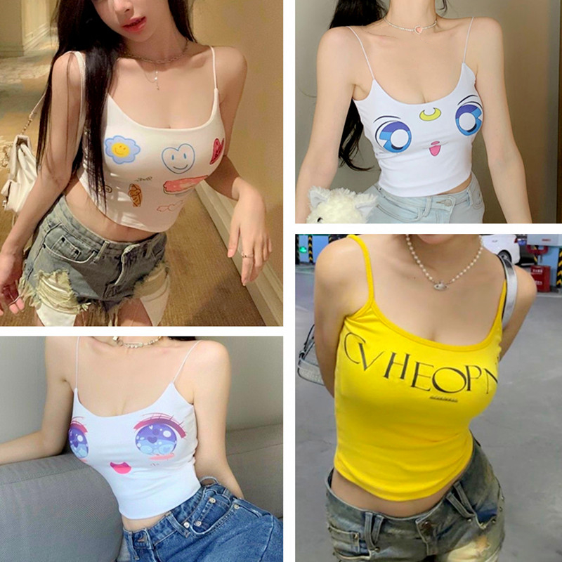 纯棉打底吊带背心女夏季2024跳舞带胸垫大眼睛遮副乳上衣主播变装