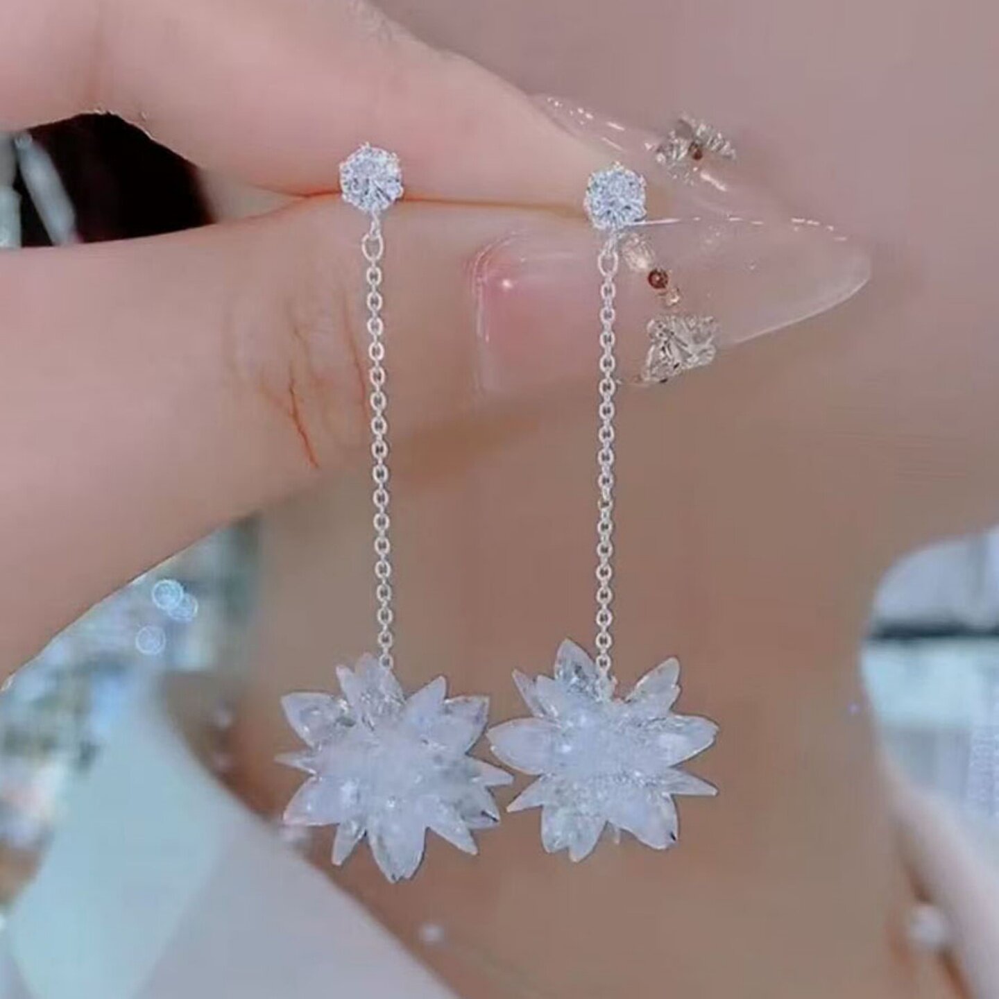 银针锆石耳钉超仙水晶冰花流苏