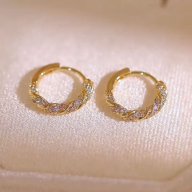 锆石麻花耳扣闪钻圈圈耳环轻奢潮