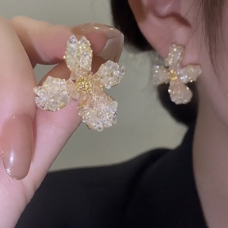 夏天夸张水晶花朵耳环2025年新款潮超闪气质网红少女耳饰银针耳钉