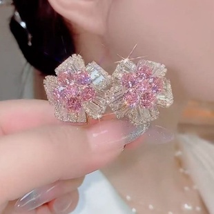 高级感满钻花瓣大耳钉个性百搭夸张耳环纯银针水晶花耳饰新款爆款