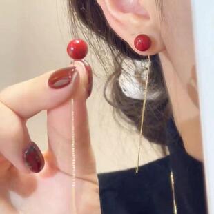 红色珍珠耳线女中式国风复古高级感流苏耳环简约抽拉耳饰过年新款