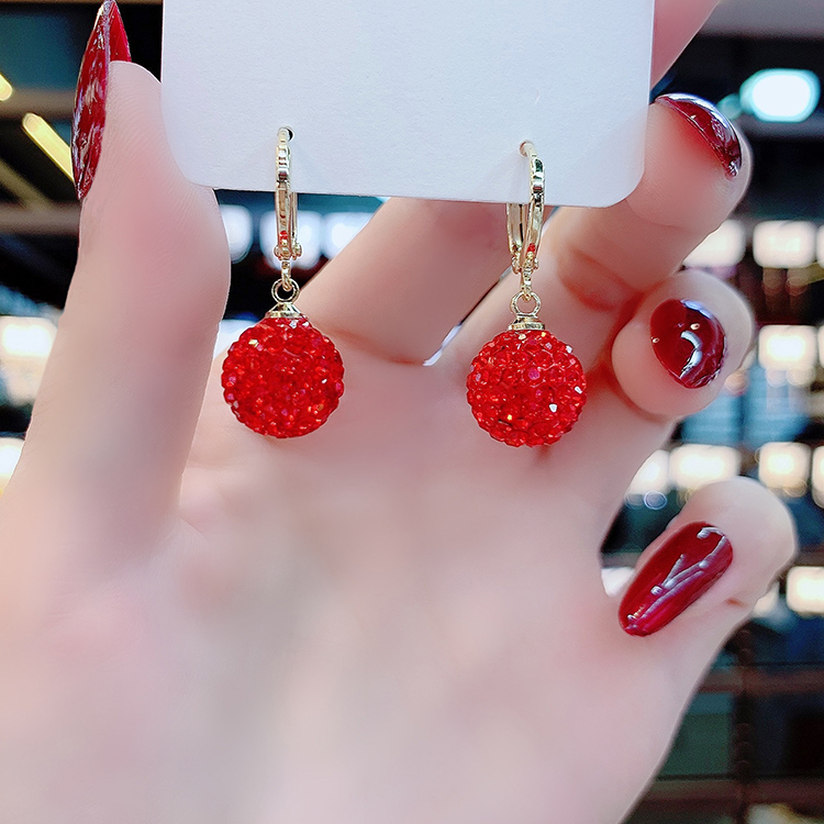 闪亮满钻红色球球耳环女日韩气质好运圆球耳饰简约百搭防过敏耳扣
