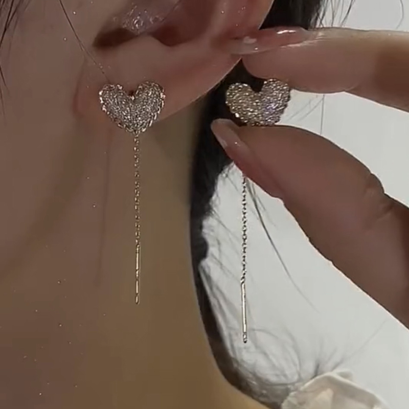 锆石微镶爱心耳线小众设计流苏耳环女2025年新款潮轻奢冷淡风耳饰
