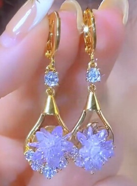 轻奢紫色水晶冰花耳环小众设计感