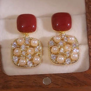 水钻珍珠耳环轻奢高级感红色滴釉耳钉银针新款爆款女洋气时尚耳饰