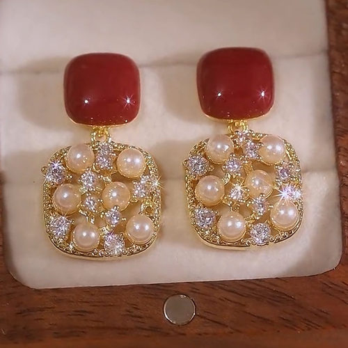 水钻珍珠耳环高级感红色滴釉耳钉