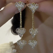 两戴满钻爱心耳环长款 气质流苏水晶耳饰耳坠新款 小众甜美耳钉银针