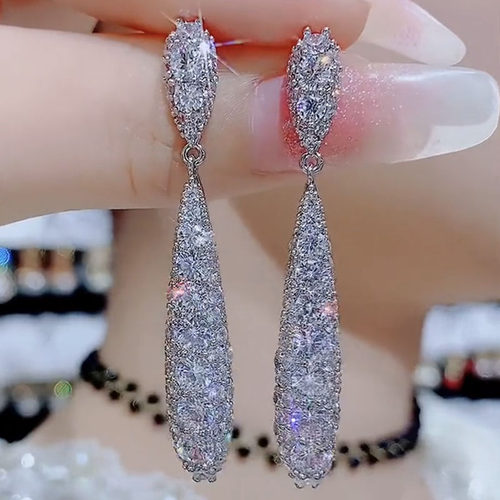 银针超闪锆石水滴耳环吊坠长款女