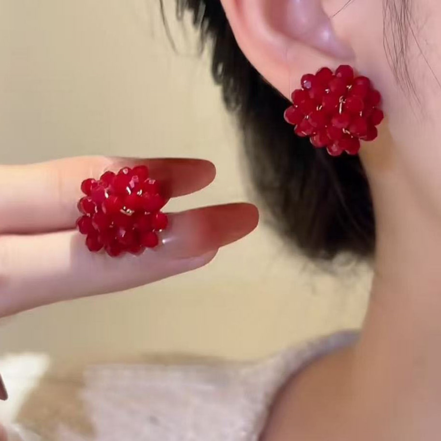 纯银针红色串珠水晶耳环轻奢网红