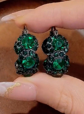 复古绿色水晶圈圈耳环耳扣轻奢气质百搭耳饰小众设计满钻耳圈秋冬