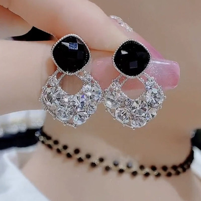 纯银针黑色几何满钻耳环气质高级