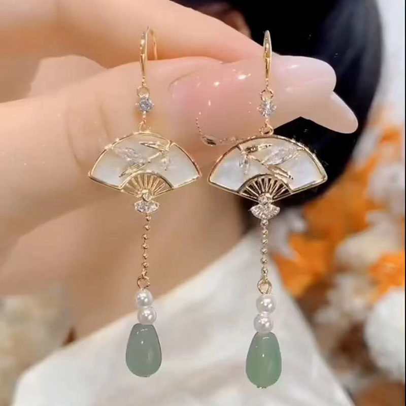 新中式折扇圆扇耳环小众设计高级