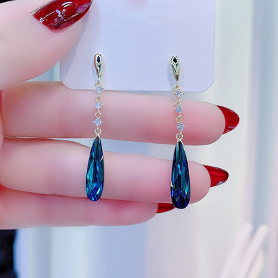 轻奢蓝色女气质高级百搭水晶耳环