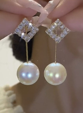 纯银针锆石菱形耳钉长款流苏珍珠
