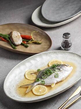 日式鱼盘子粗陶盘子家用2024新款蒸鱼盘高级感椭圆形菜盘子大号碟