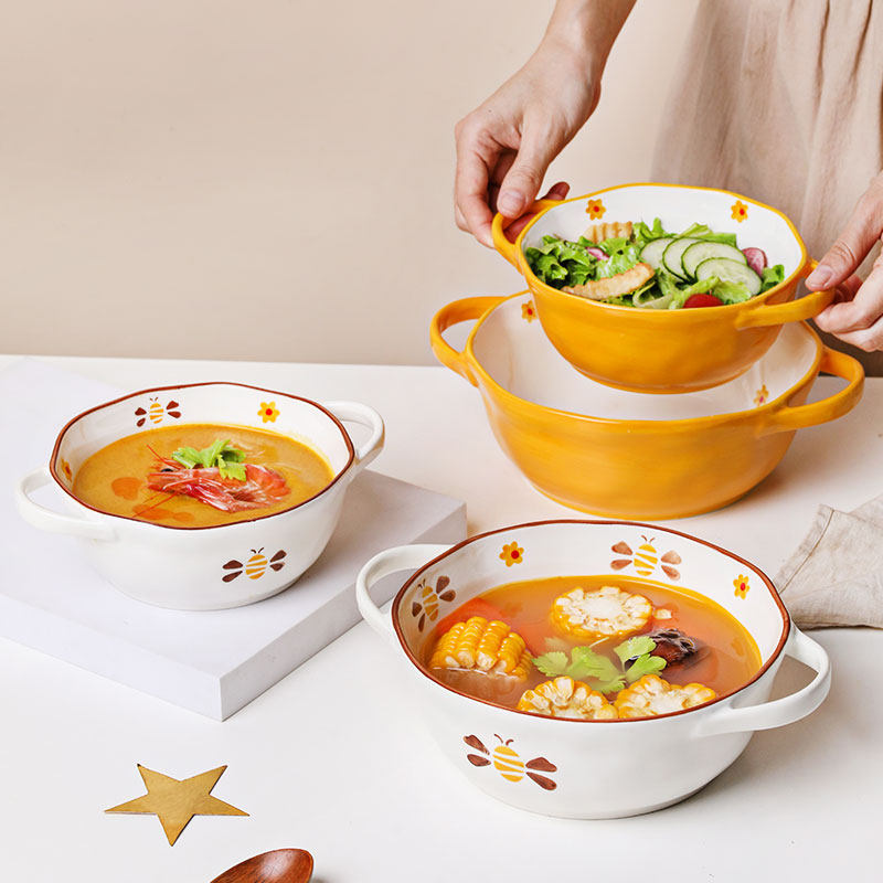 ezicok汤碗双耳汤面碗陶瓷沙拉碗饭碗家用可爱大碗烤碗手绘蜜蜂碗,餐饮具,碗,淘宝优惠券,粉丝福利购,淘宝优惠卷