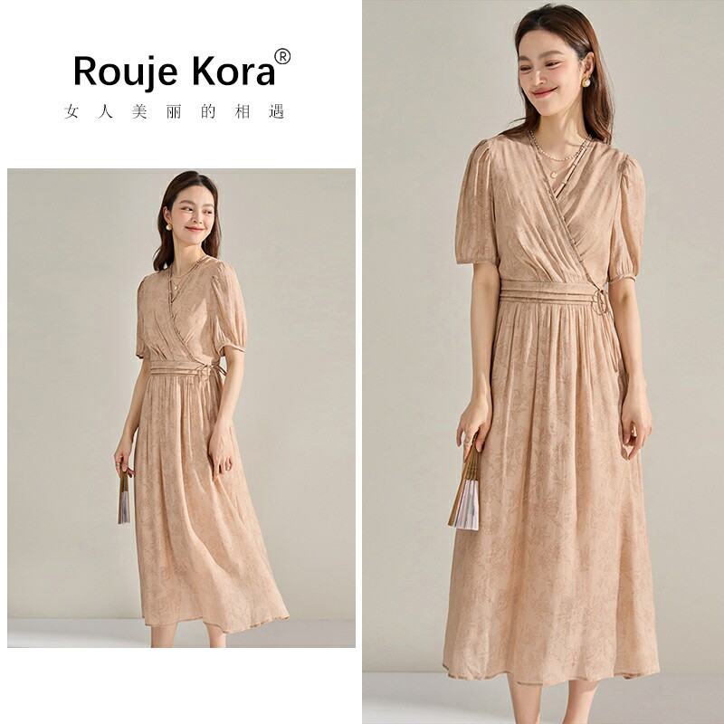 ROUJE KORA新中式连衣裙女夏V领显瘦大裙摆通勤茶歇裙中长款裙子