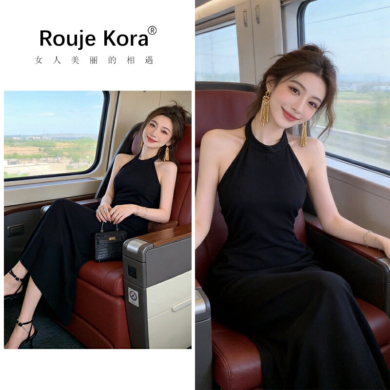 ROUJE KORA御姐风露背挂脖连衣裙女2026夏新款收腰后开叉包臀长裙