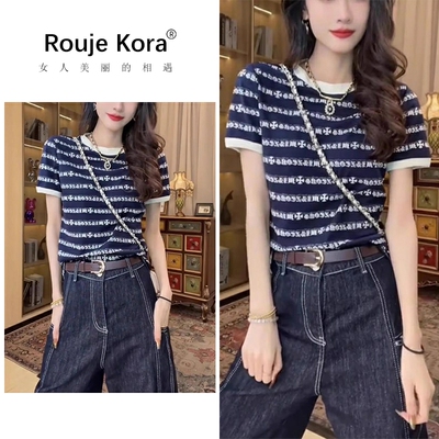 ROUJE KORA韩版短袖t恤女2026夏季高端条纹正肩显瘦圆领撞色上衣