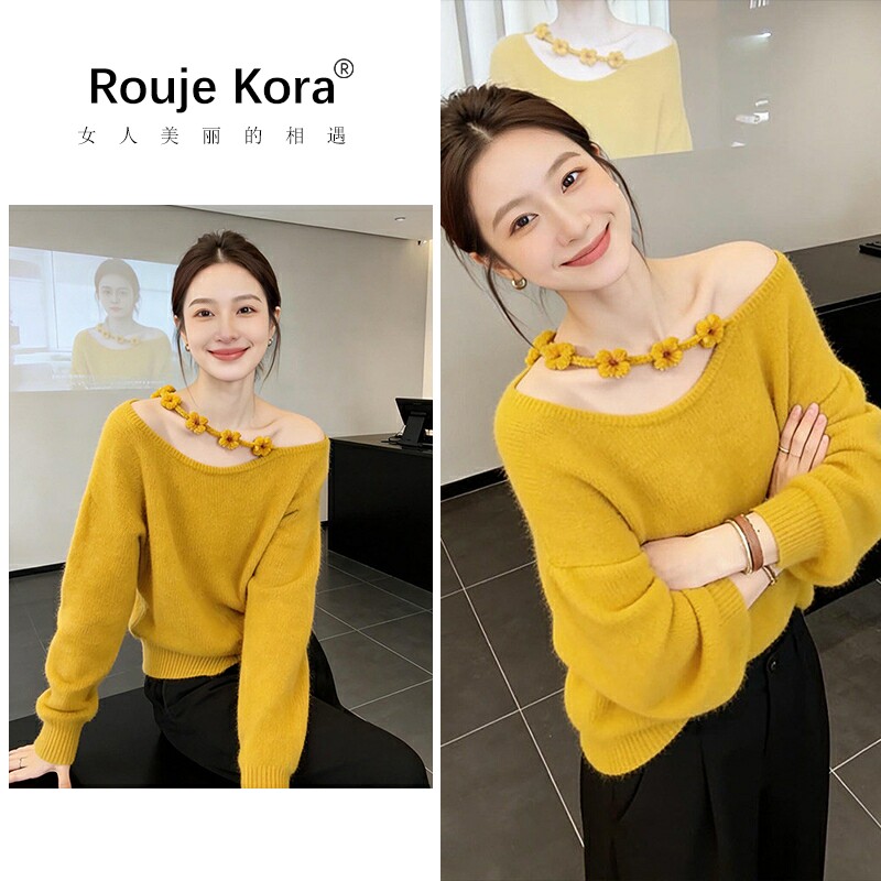 ROUJE KORA黄色花朵斜领露肩毛衣针织衫女秋冬高级感外穿绝美上衣