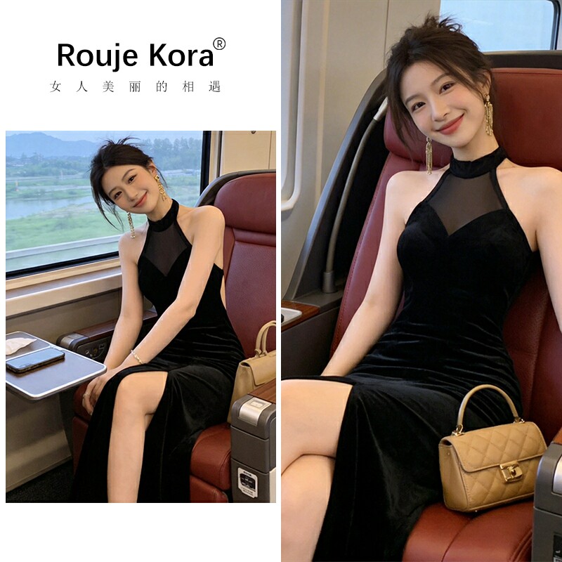 ROUJE KORA御姐风网纱拼接丝绒无袖挂脖连衣裙女夏高级感开叉长裙