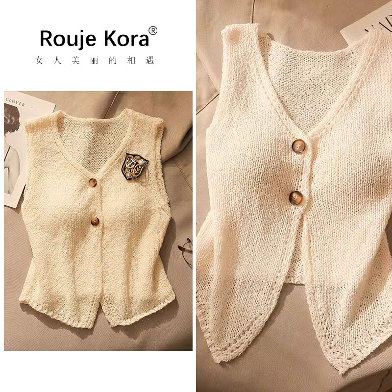 ROUJE KORA小香风针织开衫女士2026夏季开叉马甲背心短款坎肩上衣