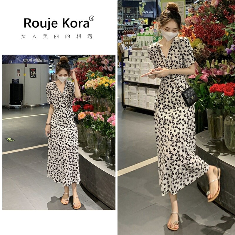 ROUJE KORA小众设计感碎花茶歇长裙v领雪连衣裙女夏短袖别致裙子